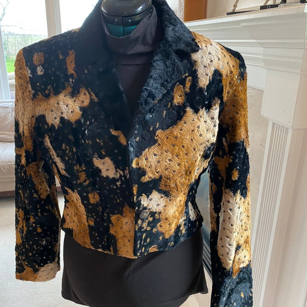 Carter & Teri faux pony Shibori with black clover shaped sequins